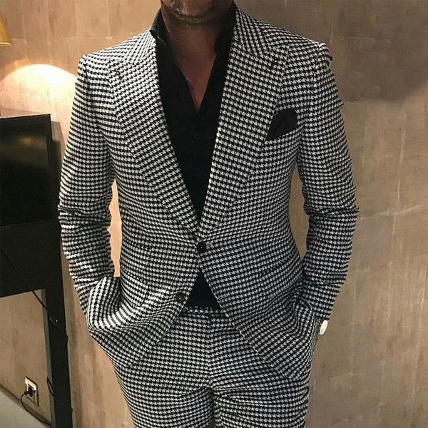 

mens suits blazers plaid men for wedding 2 piece houndstooth checkered groom tuxedos male fashion clothes costumes set jacket with pants 230, White;black