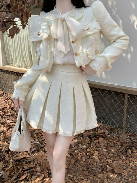 

two piece dress french vintage small fragrance set women short jacket coat pleated skirt suits luxury brand 2 230209, White