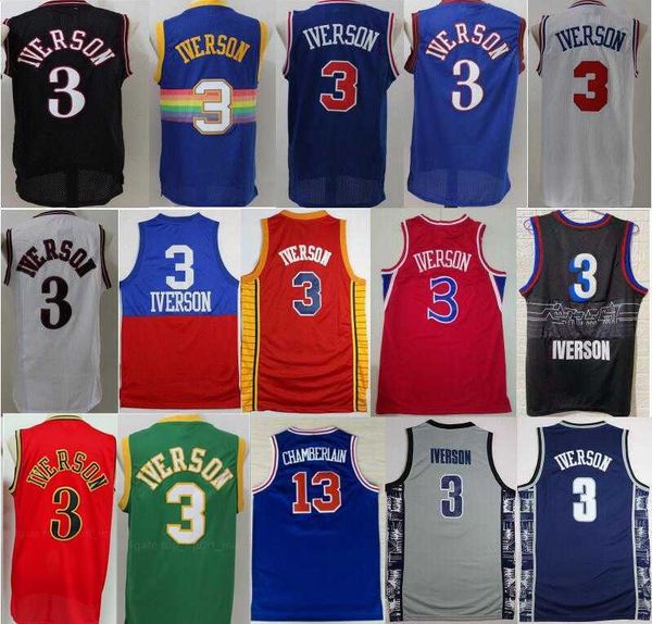 

men basketball allen iverson jerseys 3 high school georgetown hoyas college wilt chamberlain 13 blue grey black white red green yellow, Black;red