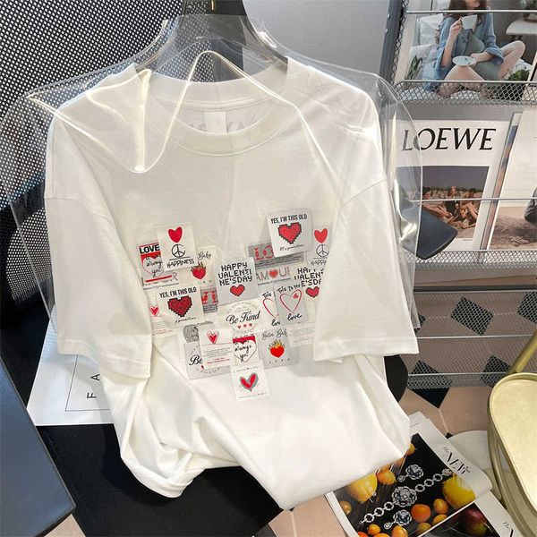 

women's t-shirt street fashion heart print t shirt white tshirt rock hip hop tees loose graphic y2302