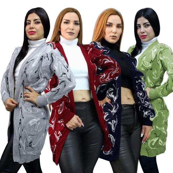 

m4019 fashion print knitting sweater jackets for women 2023 long sleeve cardigan casual slim long outerwear coats, Black;brown