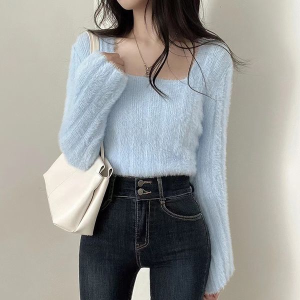 

women s sweaters korean fashion fluffy knitted pullover woman square collar long sleeve sweater women solid color sweet female drop 230208, White;black
