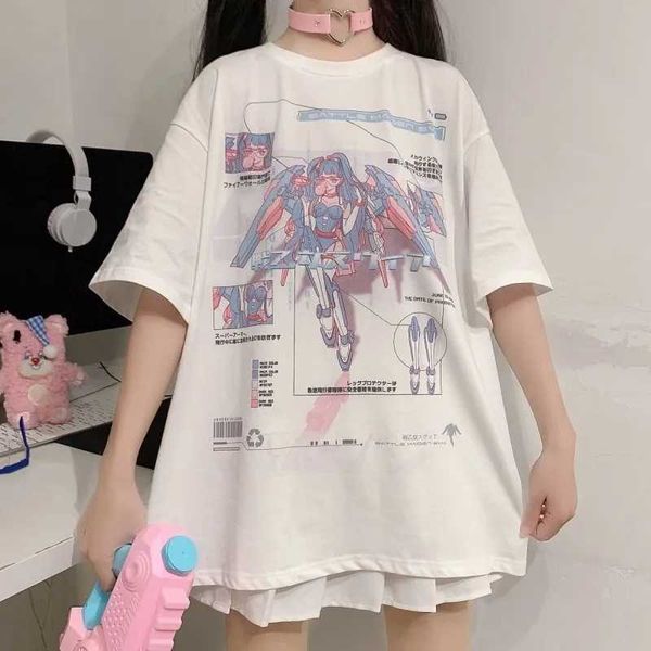 

women's t-shirt japanese two-dimensional vintage short-sleeved women loose fake two shoulders ins harajuku style salt y2302, White