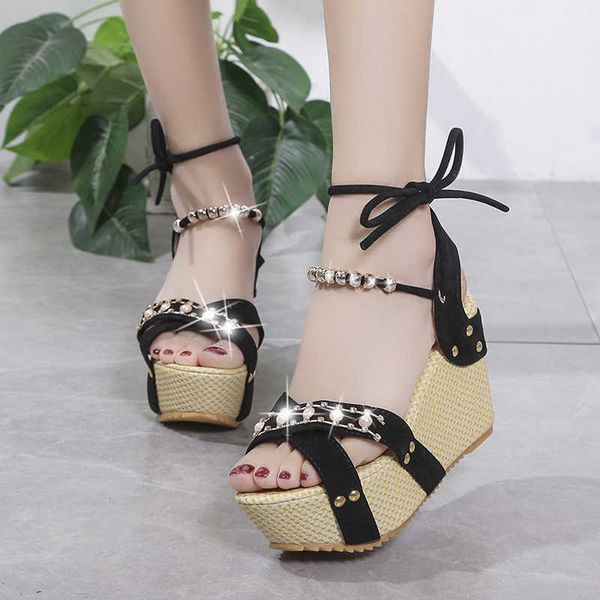 

sandals size 35-40 fashion summer leather gladiator women sandals high heel string bead shoes wedges lace up black sweet open toe g230207