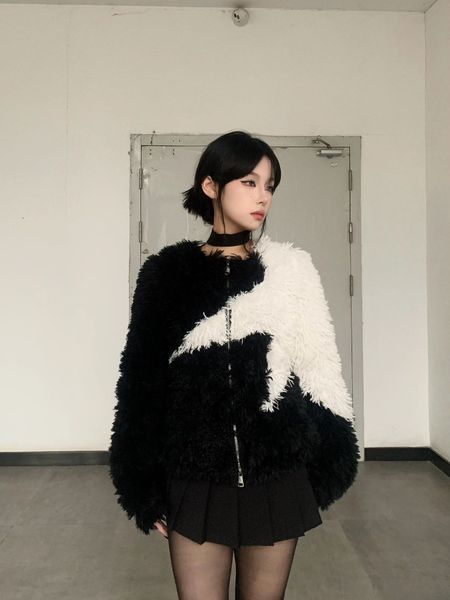 

women s jackets harajuku star patchwork jacket women 2023 winter vintage zip fluffy loose coat y2k aesthetic faux fur ropa de mujer all matc, Black;brown