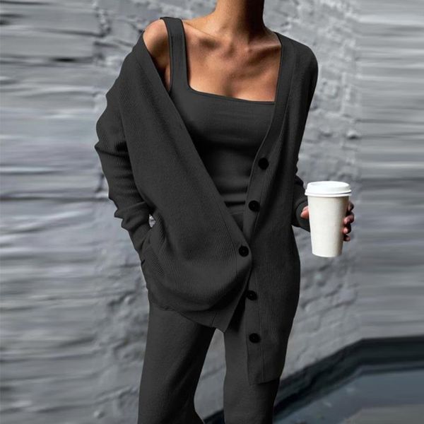 

women's two piece pant tank wide leg long cardigan coat suit loose solid outfit autumn winter casual knitted three set 230208, White