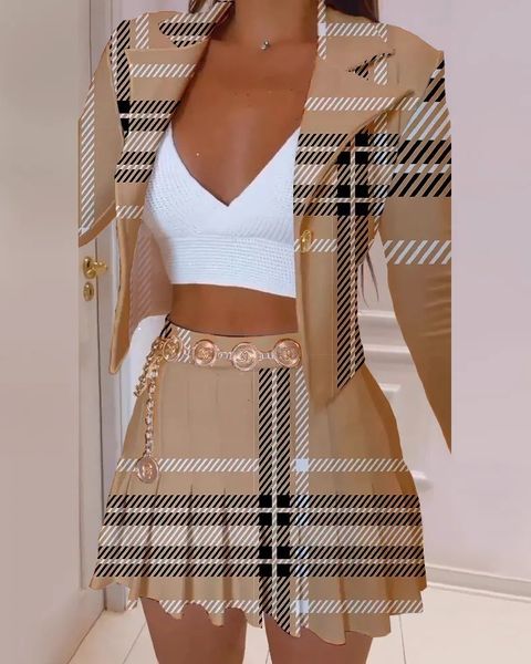 

two piece dress women pleated mini skirts suit and one button long sleeve blazer streetwear chic matching 2 set outfits 230209, White