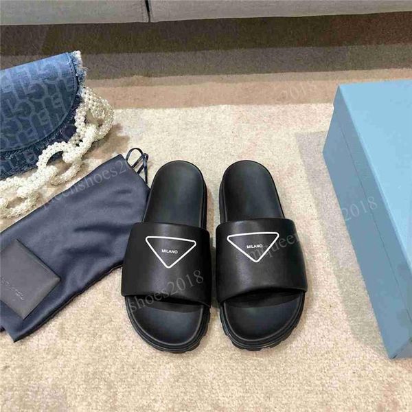 

with box womens p slippers summer home office slide real soft leather flip flops fashion slipper flat lady sandali classic open toe sk, Black
