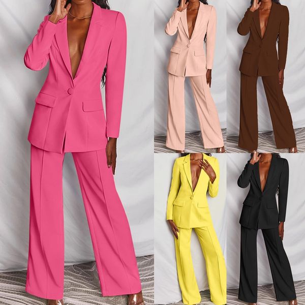 

womens two piece pants office suit fashion blazer pantsuit simple solid color vcollar long sleevetrousers 2 set 230209, White
