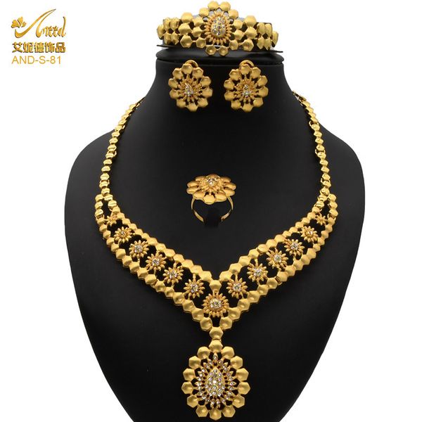 

ethiopia dubai 24k gold color jewelry sets for women luxury necklace earrings bracelet ring india african wedding gifts 220406, Slivery;golden