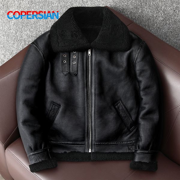 

men's leather faux leather thick sheep wool original ecological fur one leather fur jacket male warm genuine sheepskin coats flight jac, Black