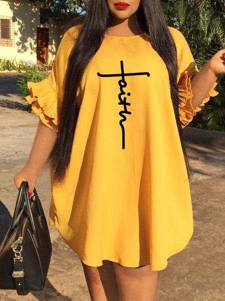 

plus size dresses lw plus size faith letter print ruffle design loose dress elegant summer butterfly sleeve drop shoulder a line women cloth, Black