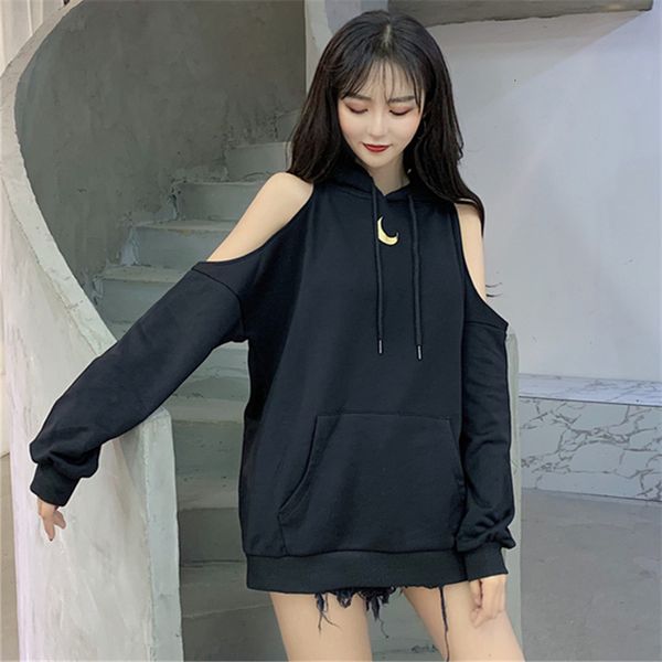 

women s hoodies sweatshirts nclagen leisure korean loose casual crescent print shoulder bare hooded pullover streetwear plus size 230208, Black