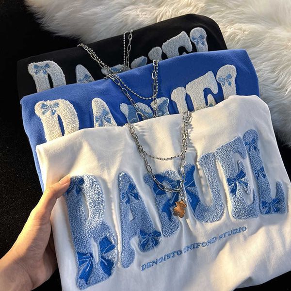 

women's t-shirt couple short sleeve summer flocking 3d embroidery letter streetwear men casual cotton tees y2302, White