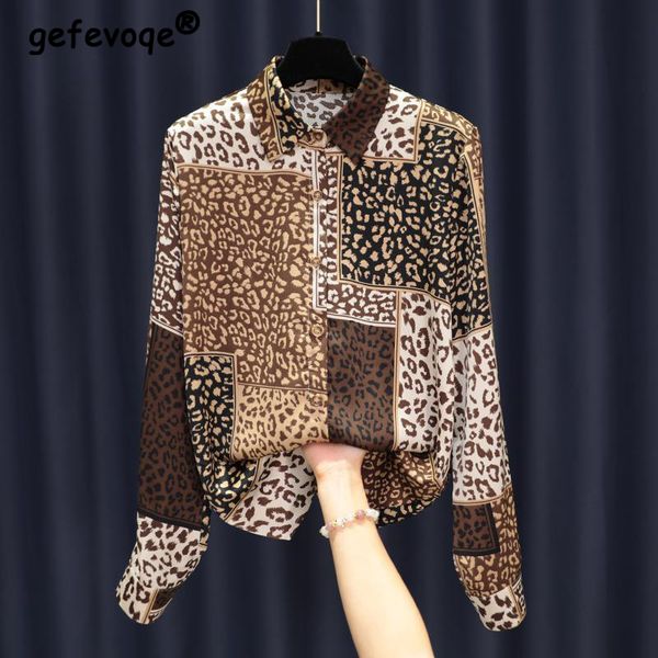 

women's blouses shirts elegant fashion korean style satin shirt women spring leopard patchwork casual polo neck long sleeve ladies blou, White