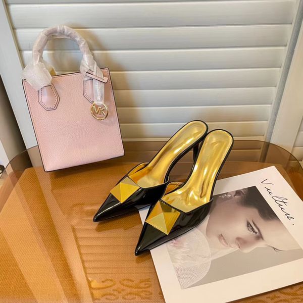 

classic fashion slides sandals lady summer sandals designer metal buckle large size leather thick bottom high heeled 4cm 8cm women shoe bags, Black