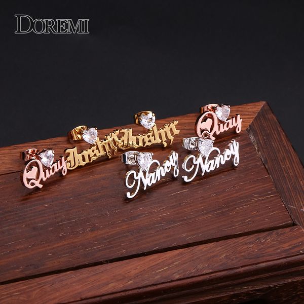 

hoop huggie doremi 3a heart zircon name earring personalized custom name earrings women customize initial cursive nameplate stud earring 230, Golden;silver