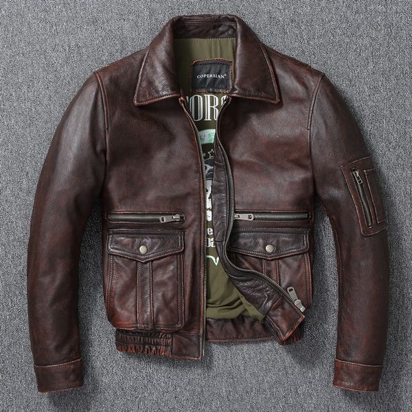 

men's leather faux leather men corium air force flight jacket vintage distressed layer cowhide flight jacket red brown short moto jacke, Black