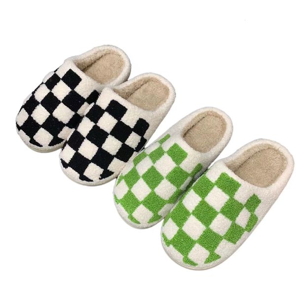 

slippers fashion black /green checker indoor plush slippers for woman and man winter warm shoes 230209