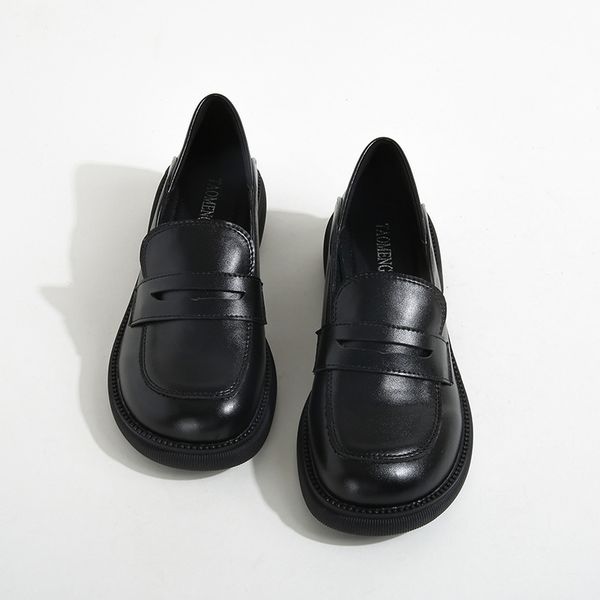 

23-year women's single shoes, soft leather, large leather, small leather, english lofu shoes, autumn and winter, Black