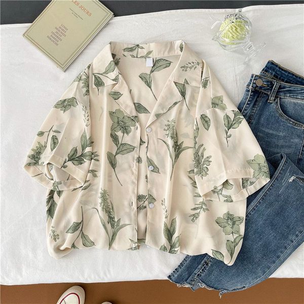 

women's blouses shirts ebaihui turn down collar short sleeve blouse women shirts elegant leaf print autumn casual office button vintage, White