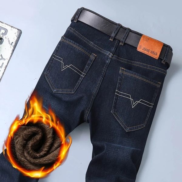 

men's jeans men's classic regular fit fleece jeans business fashion loose casual stretch pants male brand plus velvet padded warm, Blue