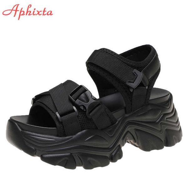 

sandals aphixta new buckle height increaming canvas platfom sandals women 3.15 inch wedge heel shoes hook loop thick bottom slides t230208, Black