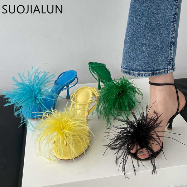 

sandals suojialun 2022 summer brand design women sandals ladies open toe furry fur round toe high-heeled party dress pumps shoes t230208, Black