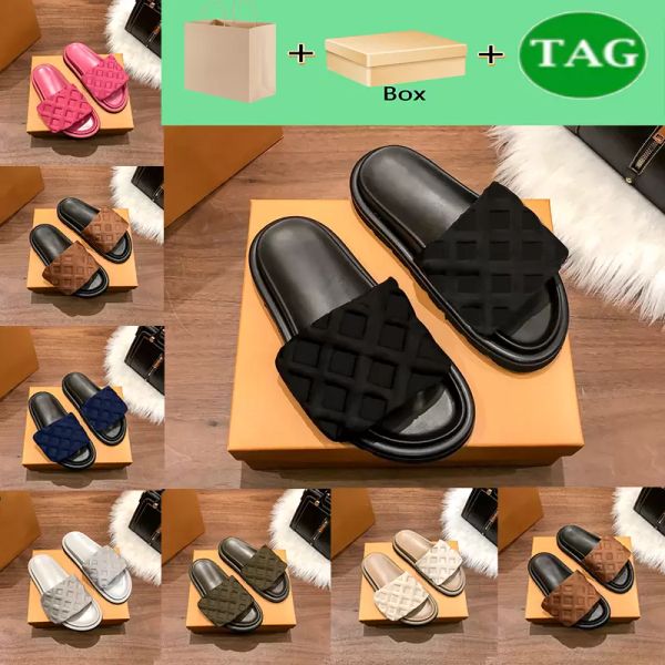 

with box designer lvs slipper with box luxury sandal men women shoes pool pillow comfort embossed mules copper triple black pink ivory summe