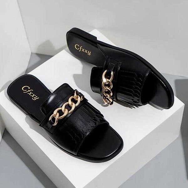 

sandals flip flops women's slippers metal chain tassel flat female shoes soft pu leather outdoor casual set foot ladies beach slides t2, Black