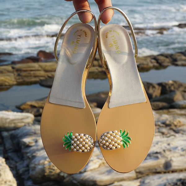 

sandals sandals female female sandals 2023 new trend summer flat clip field pearl metal buckle roman girl shoes g230207, Black