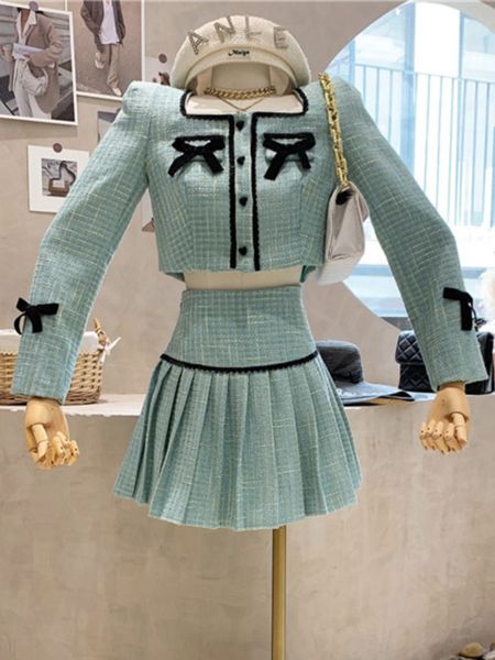 

two piece dress small fragrance tweed 2 set women bow short jacket coat skirt suits korean sweet outfits french vintage sets 230209, White