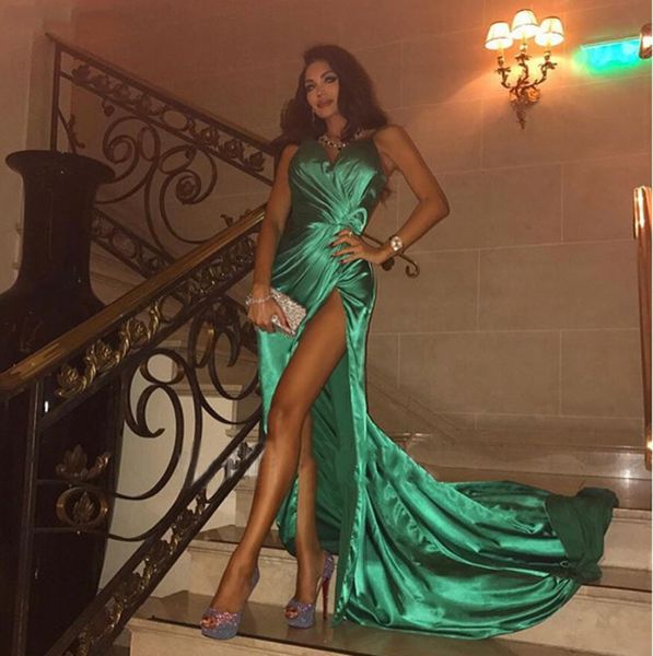 

long green prom dresses high slit shiny pleat satin formal dress plus size party gowns robe de soiree customize evening dress, Black