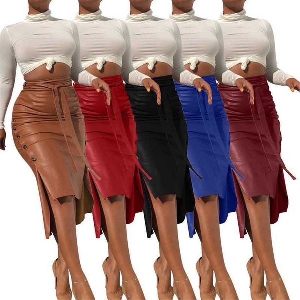

women casual dress pu leather bandage skirt ladies slit mid length high waist zipper pencil dresses, Black;gray