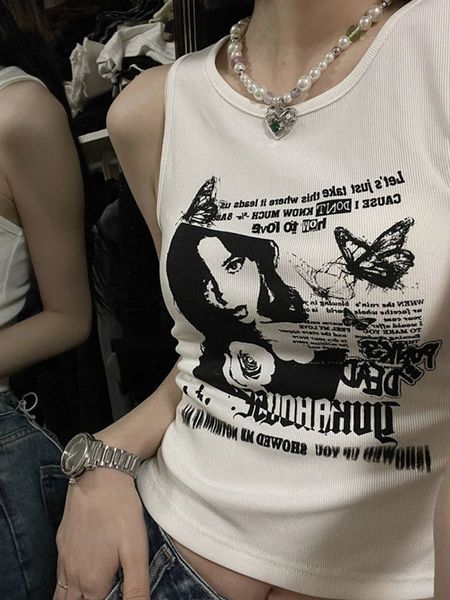 

women s tanks camis y2k grunge print sleeveless tank for ribbed knit vest streetwear aesthetic clothing female crop 2000s 230208, White