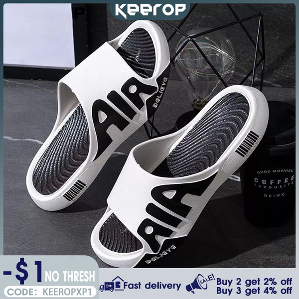 

slippers keerop men's summer slippers anti-slip thicken eva soft slipper outdoor beach flip flops for men household comfortable shoes 2, Black