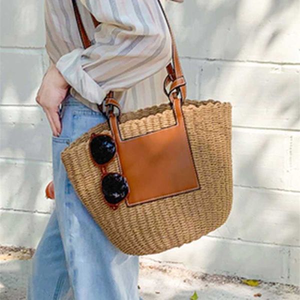 

fashion straw bucket shoulder bag women designer rope braided woman tote summer pu stitching large messenger lady