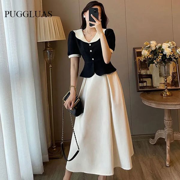 

two piece dress summer elegant women skirt sets retro office lady outifits puff sleeve black a line skirts korean fashion sweet hepburn suit, White