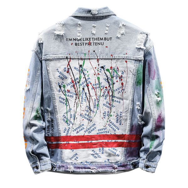 

men's jackets men letters printed painted denim jacket streetwear holes ripped jean coat casual pockets outerwear 230209, Black;brown
