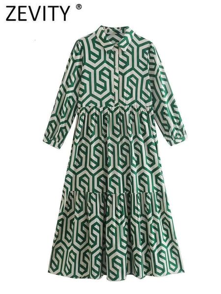 

casual dresses zevity women vintage geometric print pleats casual slim midi shirt dress female chic pleats ruffles a line vestido ds395 2302, Black;gray