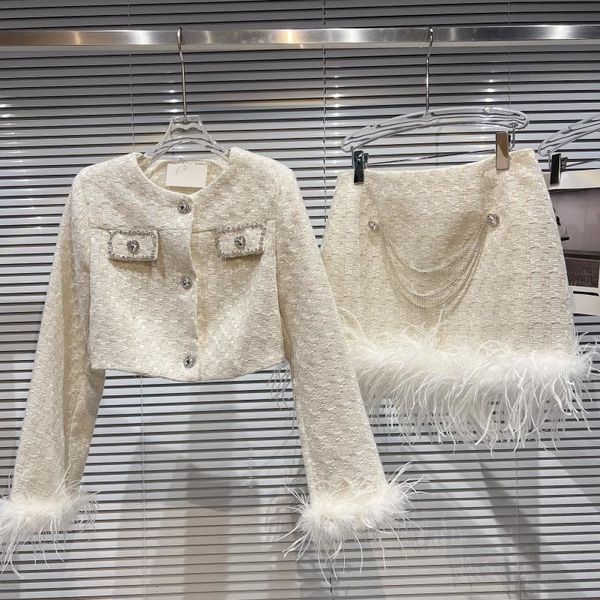 

two piece dress prepomp autumn long sleeve round neck feathers diamonds buttons coat camisole short skirt three set women outfits gg344 2302, White