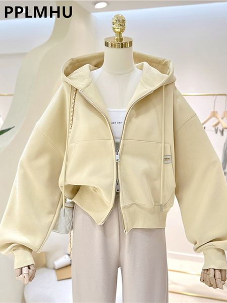 

women's hoodies sweatshirt loose velveteen lined sweatshirt short jackets streetwear hooded coats oversize basic zip up sudaderas con c, Black