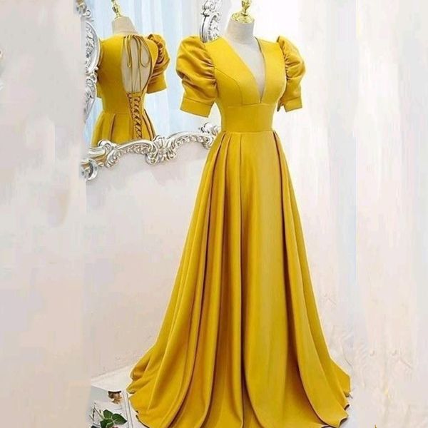 

chic yellow a-line long prom dresses v-neck open back lace-up plus size formal evening gowns short sleeves simple satin women special occasi, Black