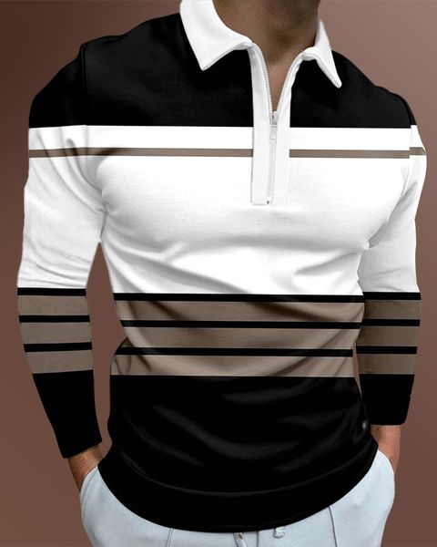 

mens polos casual autumn long sleeve polo shirts zip tee shirt street golf clothing male striped print clothes 230209, White;black