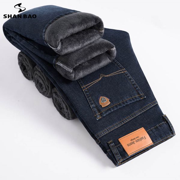 

men's jeans shan bao winter brand fit straight fleece thick warm jeans classic badge youth men's business casual high waist denim, Blue