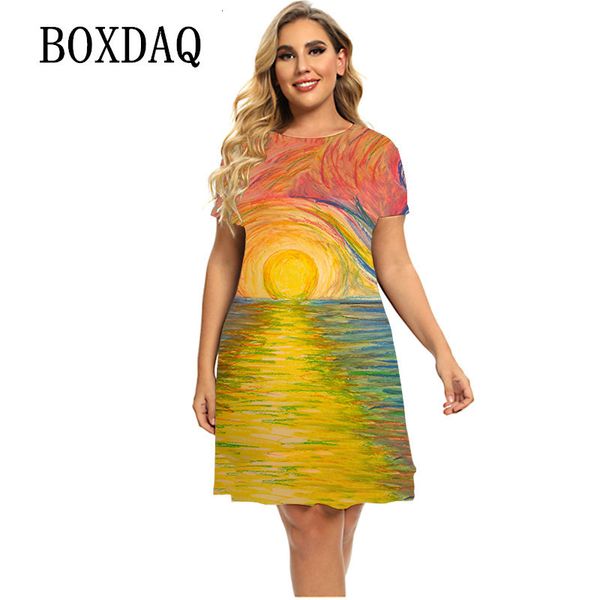 

plus size dresses short sleeve painted 3d landscape dress natural scenery print mini a-line dresses summer plus size women clothing 6xl sund, Black