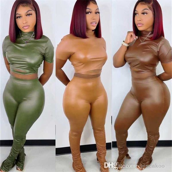 

2023 spring summer women high elastic leather tracksuits 2 piece pants set designer short sleeve crop outfits bodysuit, Gray