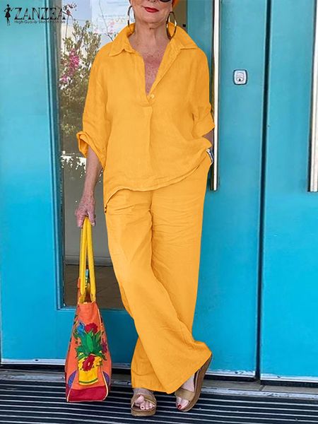 

women's two piece pants zanzea elegant matching set solid color lapel 3 4 sleeve blouse wide leg pant women urban tracksuit fashion vin, White