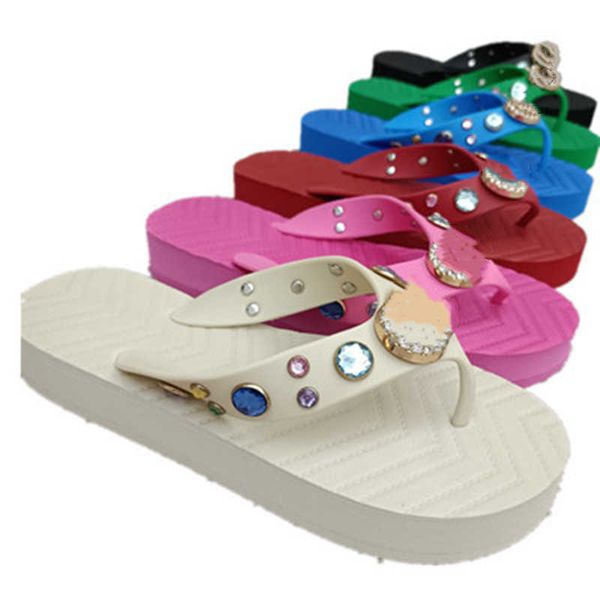 

2023 leather sandal women slides thong sandal flip flops slipper with double g metal chain fashion summer beach diamond rhinestone platform, Black