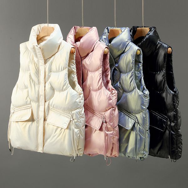

women s vest stand collar short bright color cotton padded jacket sleeveless female winter waistcoat outer wear coat vest 230208, Black;white